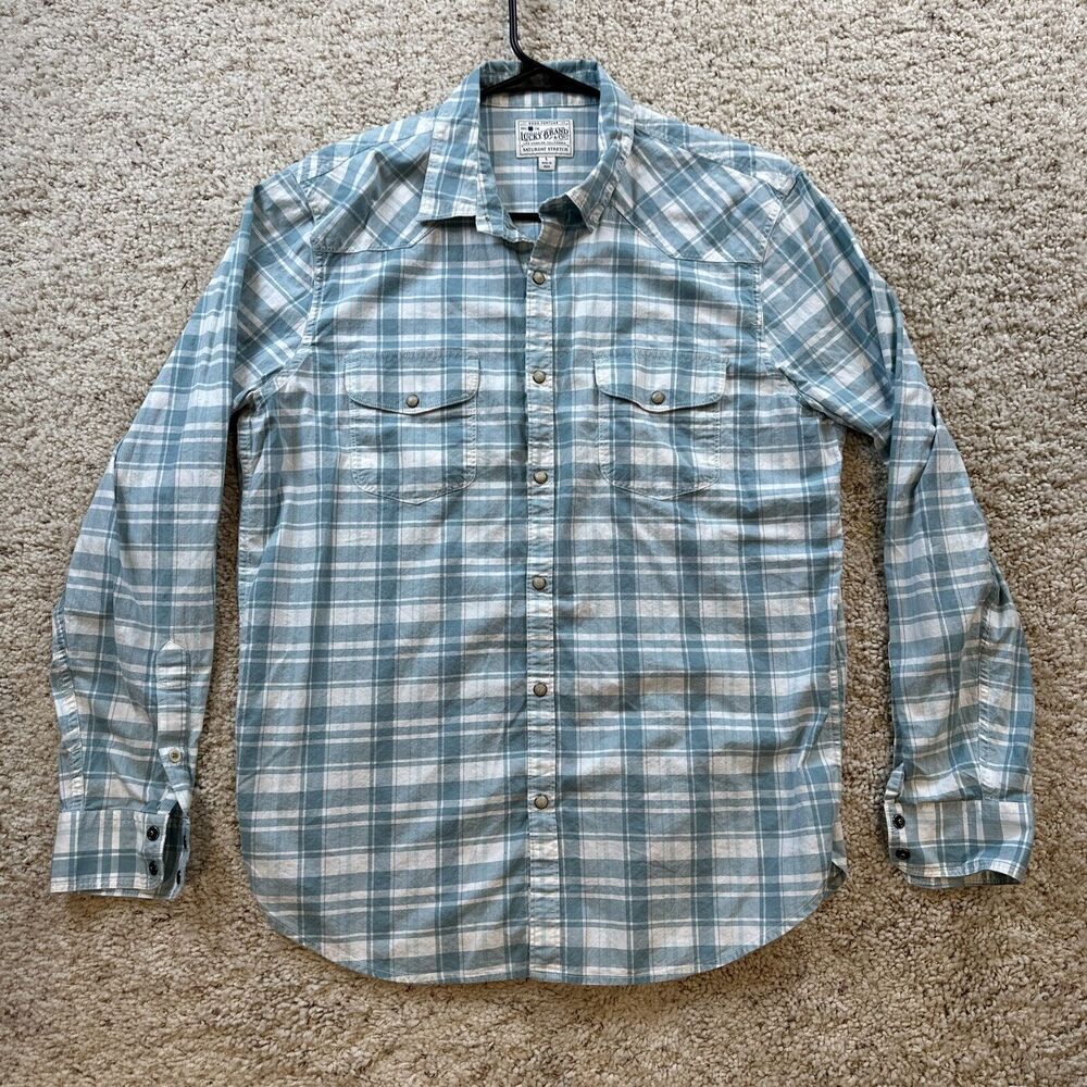 Lucky Brand Shirt Men's Large Green Flannel Pearl Snap Saturday‎ Stretch